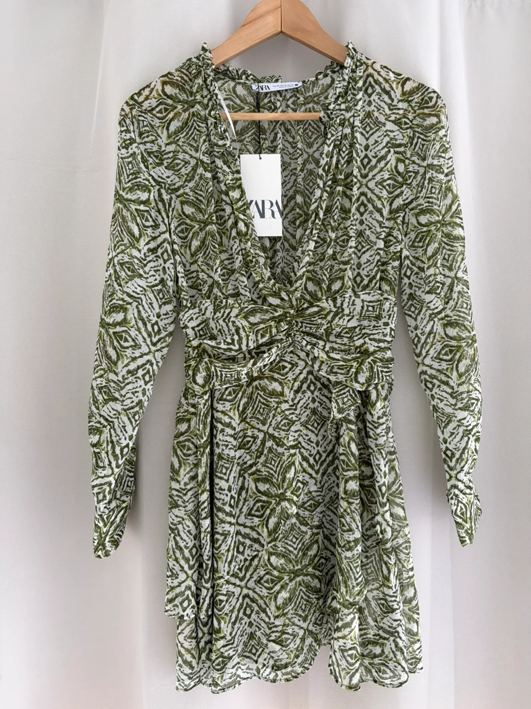 ZARA Green & White Patterned Ruched Mini Dress - XS