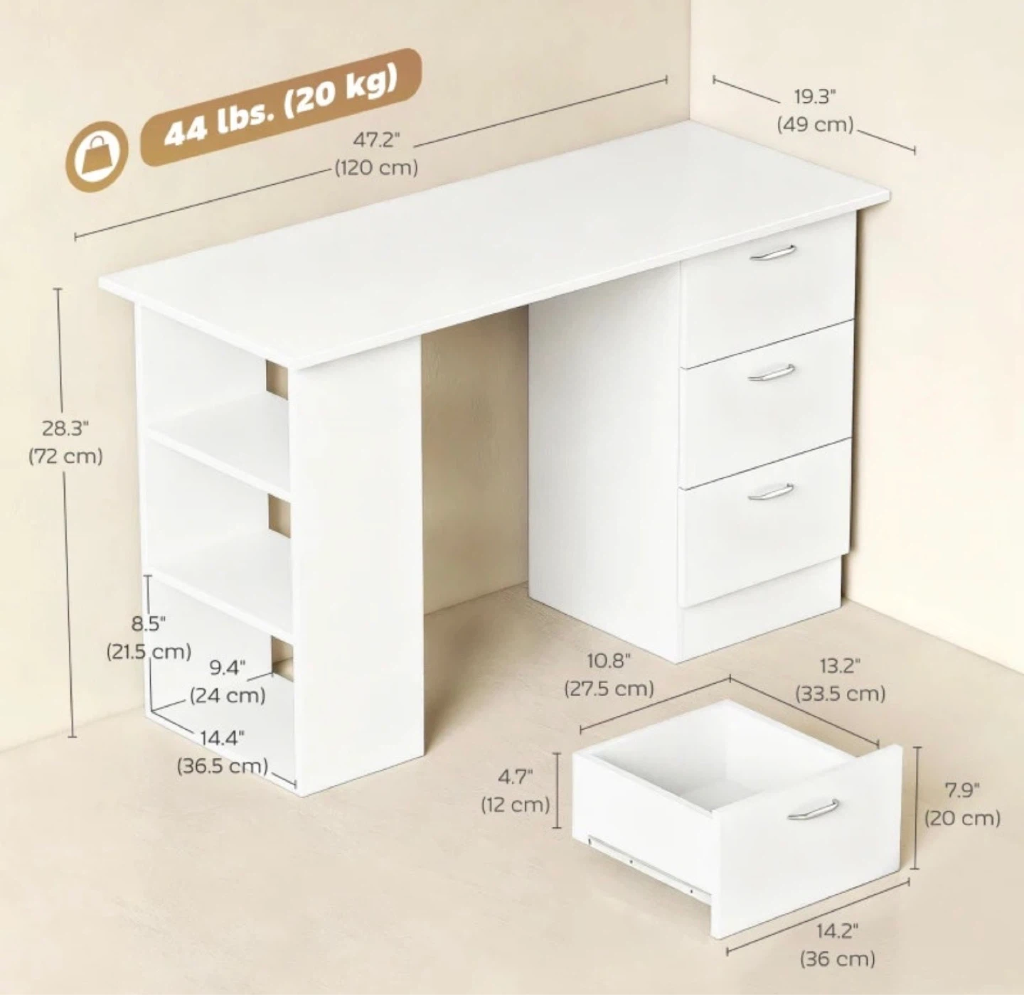 WHITE COMPUTER DESK WITH DRAWERS AND SHELVES