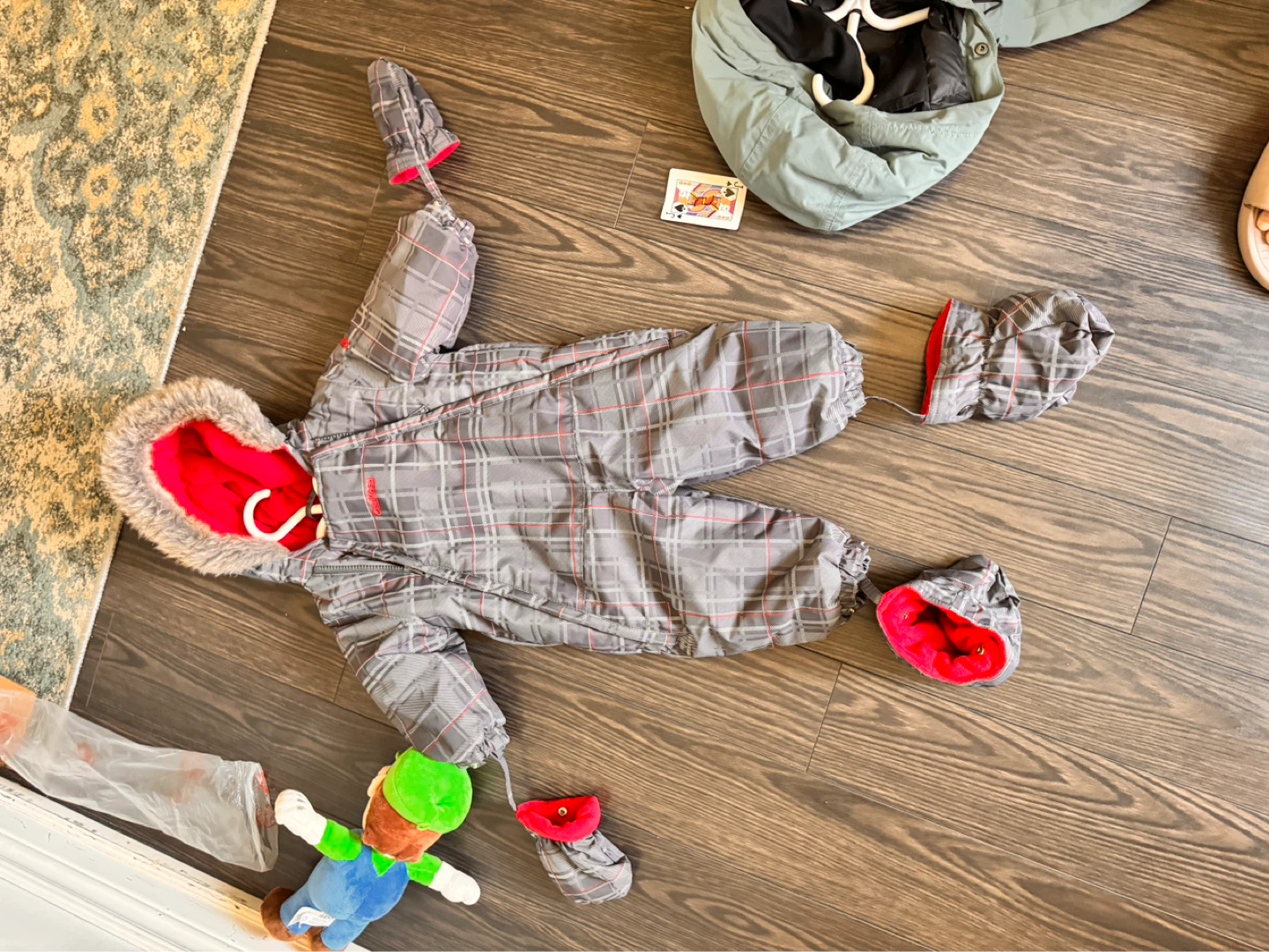 Grey Plaid Snowsuit with Red Trim
