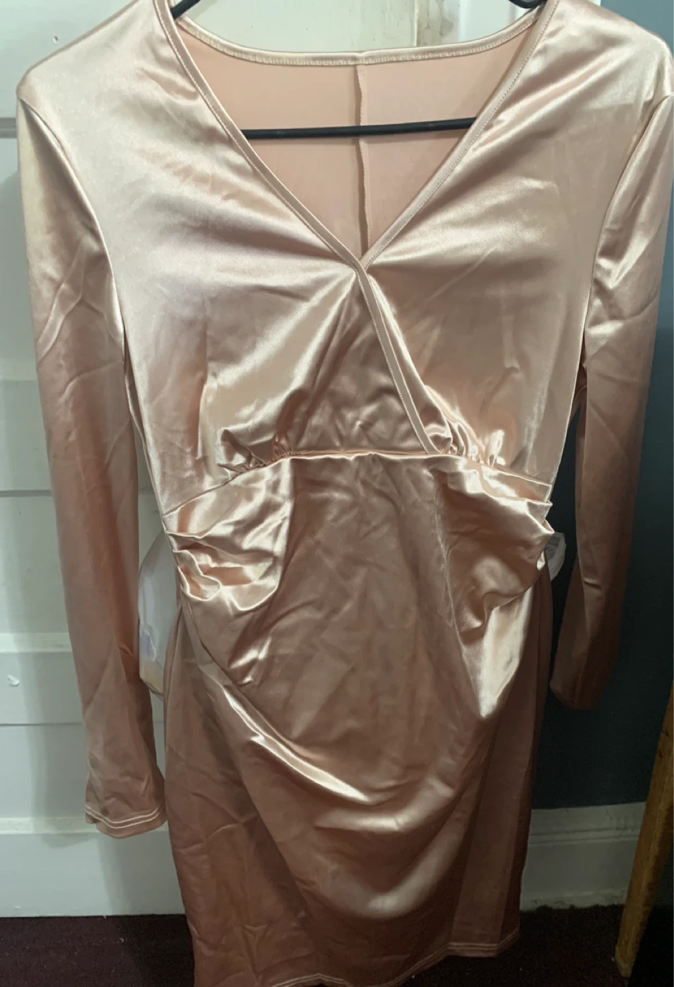 Champagne Satin Ruched V-Neck Mini Dress - photo 2