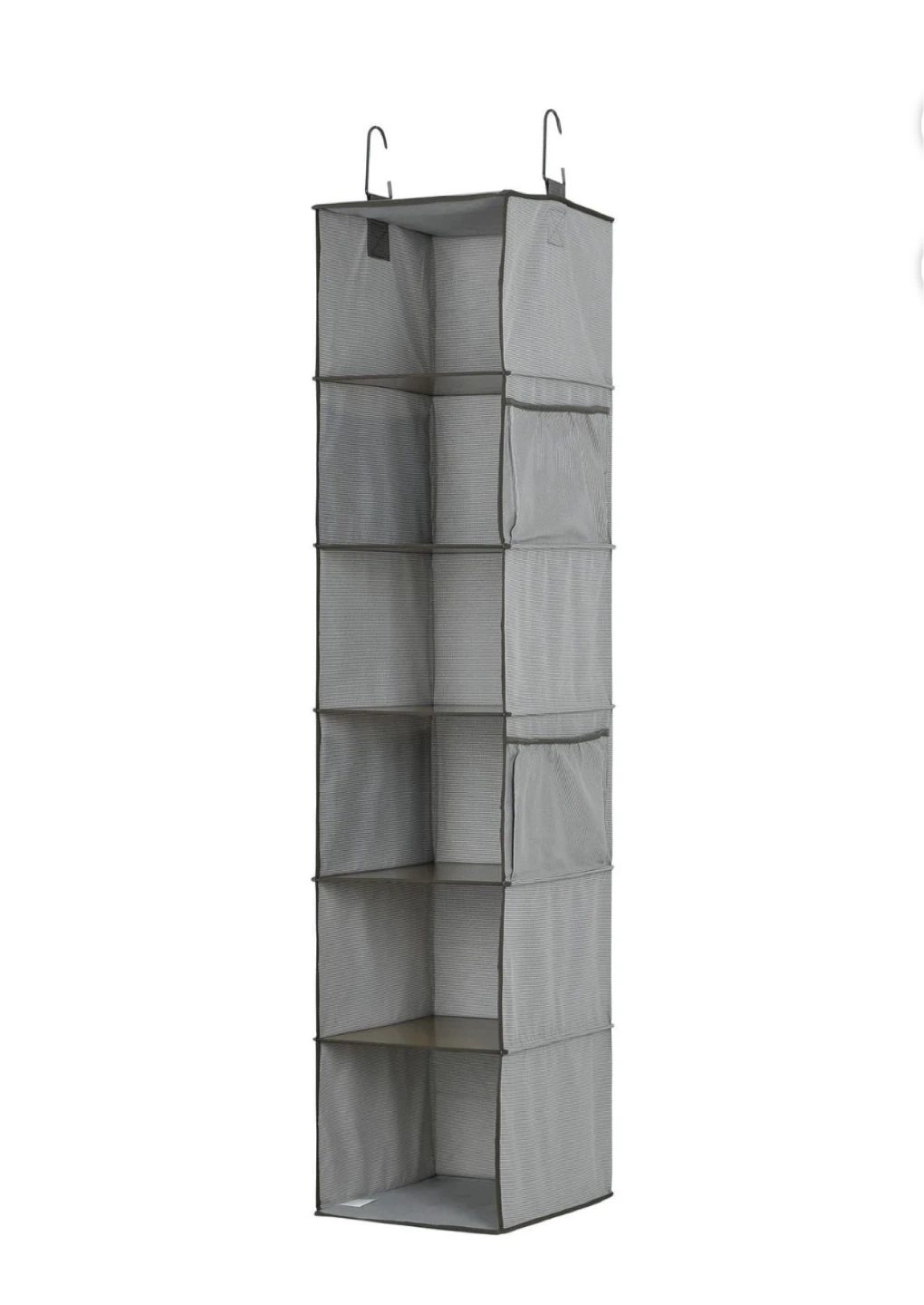 Gray hanging closet organizer with shelves and side pockets