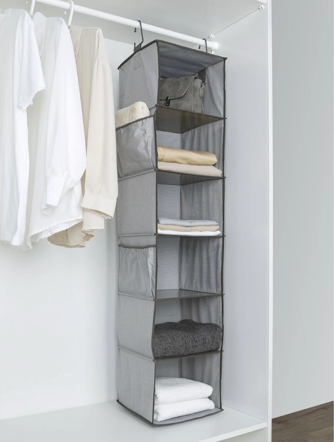 Gray hanging closet organizer with shelves and side pockets - photo 5