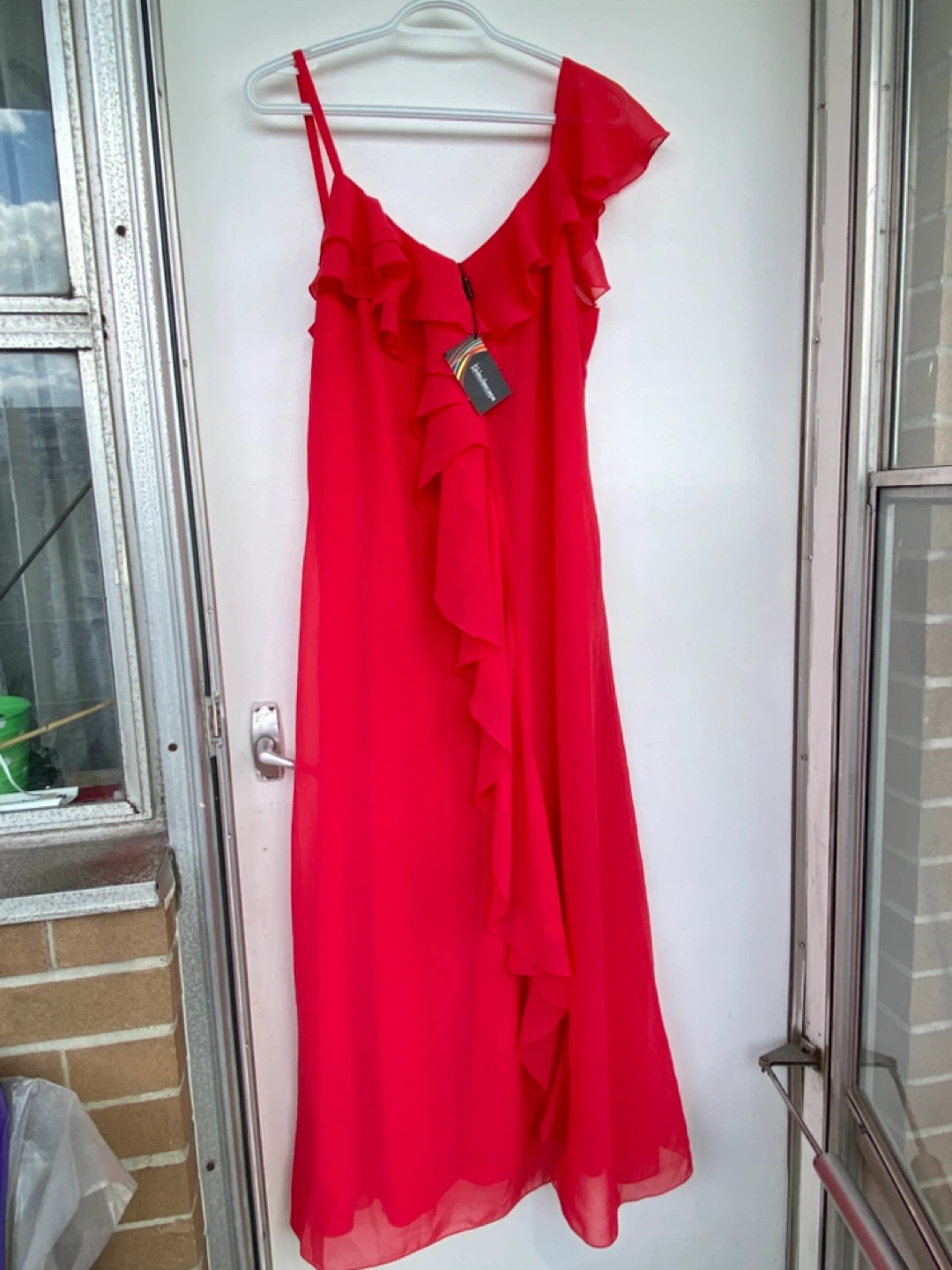 Red Kaleidoscope Ruffle Maxi Dress New
