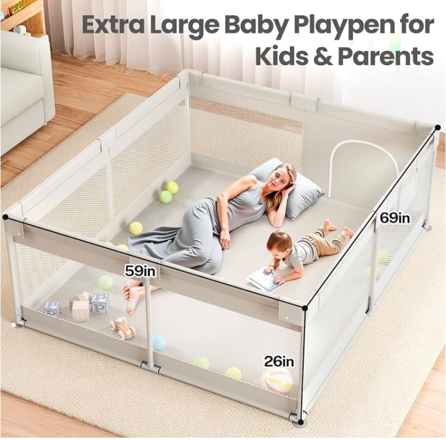 Large Baby Playpen 69”x 59”, light grey - photo 2
