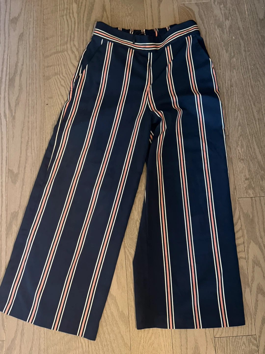 Navy Striped Wide-Leg Cropped Pants