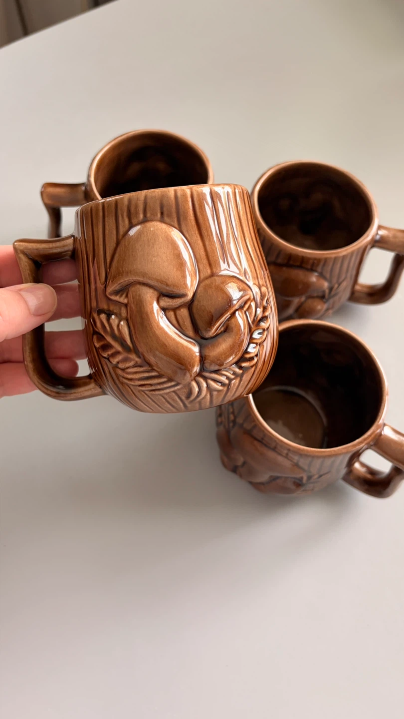 Set of 4 handmade vintage style Mushroom Ceramic Mugs