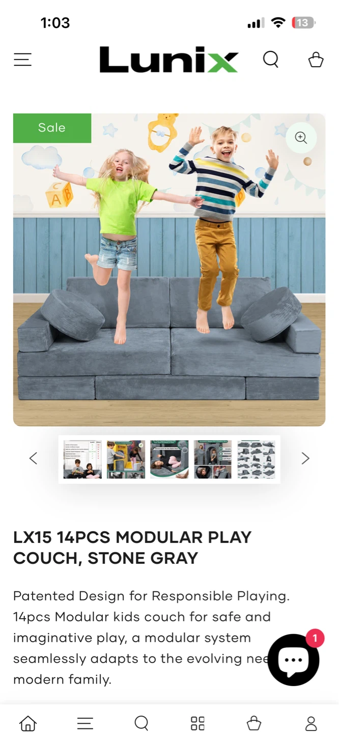 Lunix LX15 14 Piece Modular Play Couch - Stone Gray