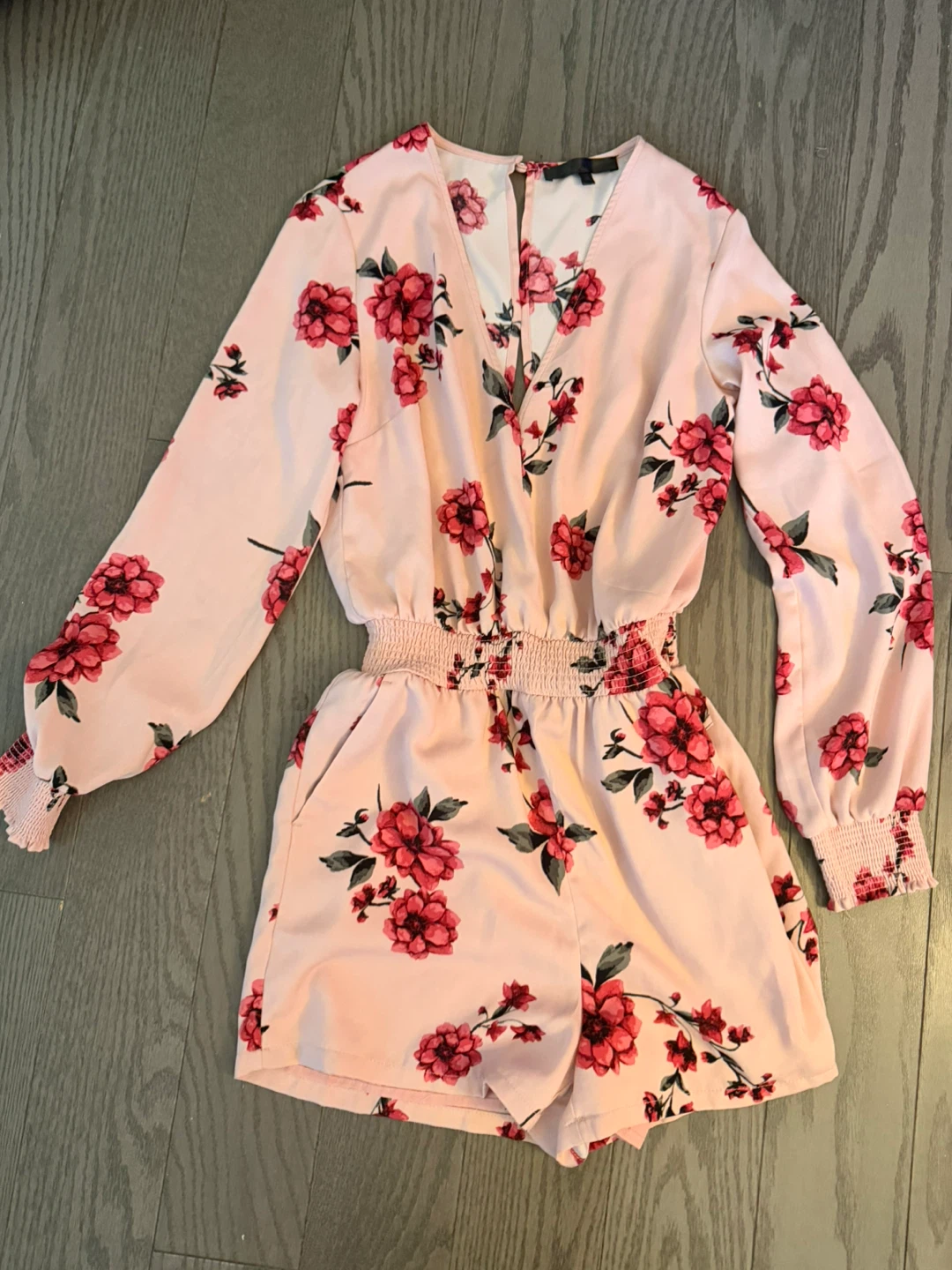Pink Floral Romper with Smocked Waist