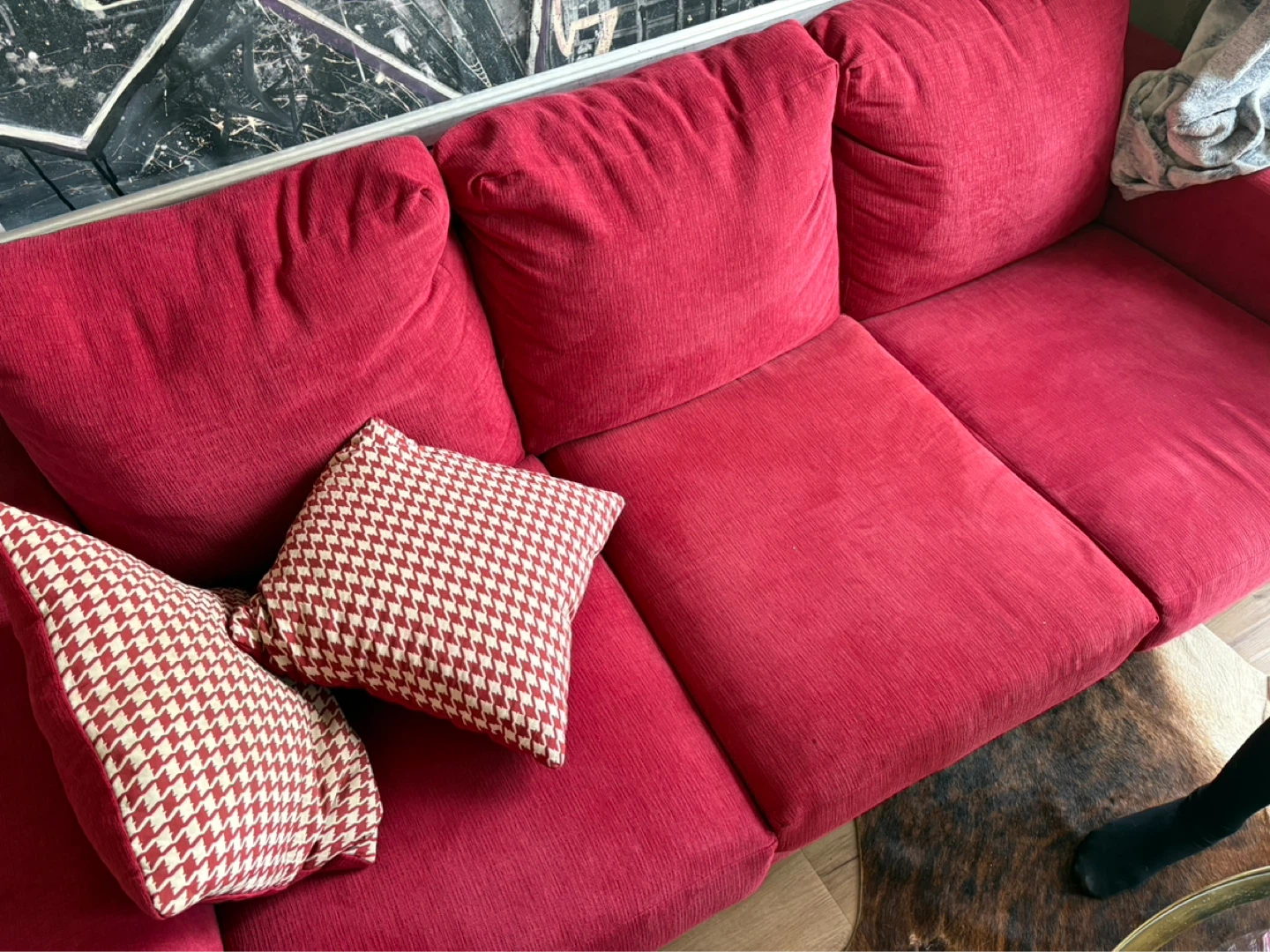 Red Sofa with Accent Pillows