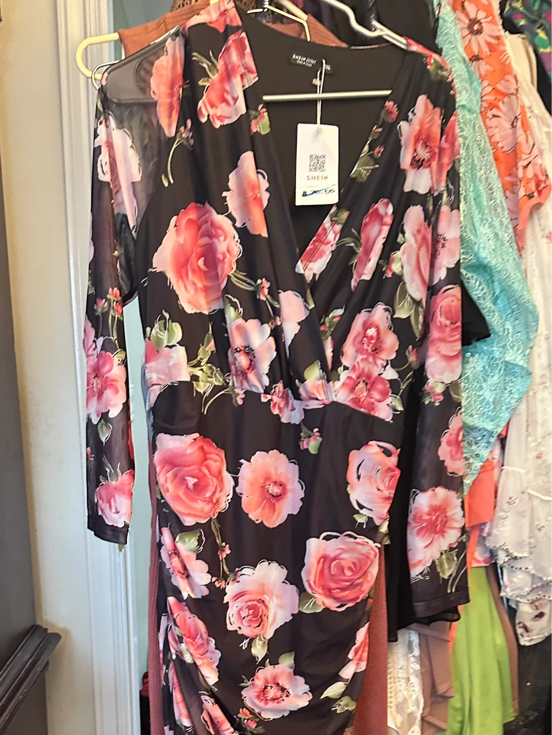 SHEIN Curve Floral Print Mesh Wrap Dress
