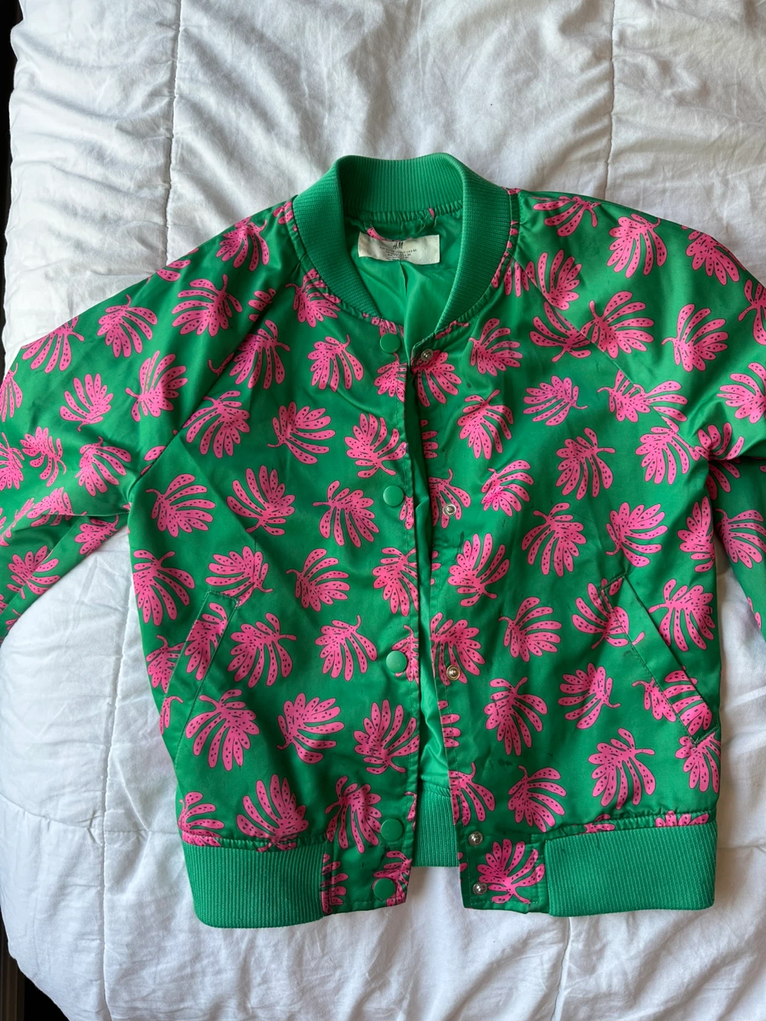 H&M Green Pink Leaf Print Bomber Jacket