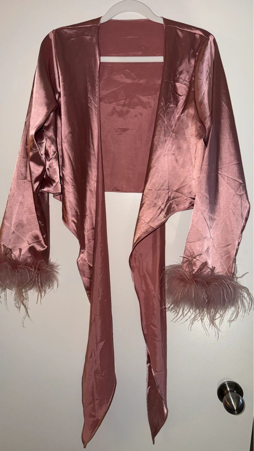 Pink Satin Tie-Front Top with Feather Cuffs - photo 2