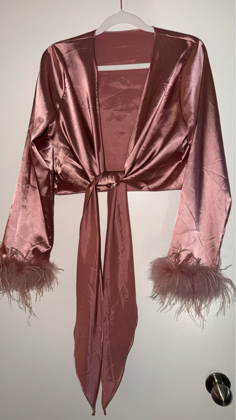 Pink Satin Tie-Front Top with Feather Cuffs