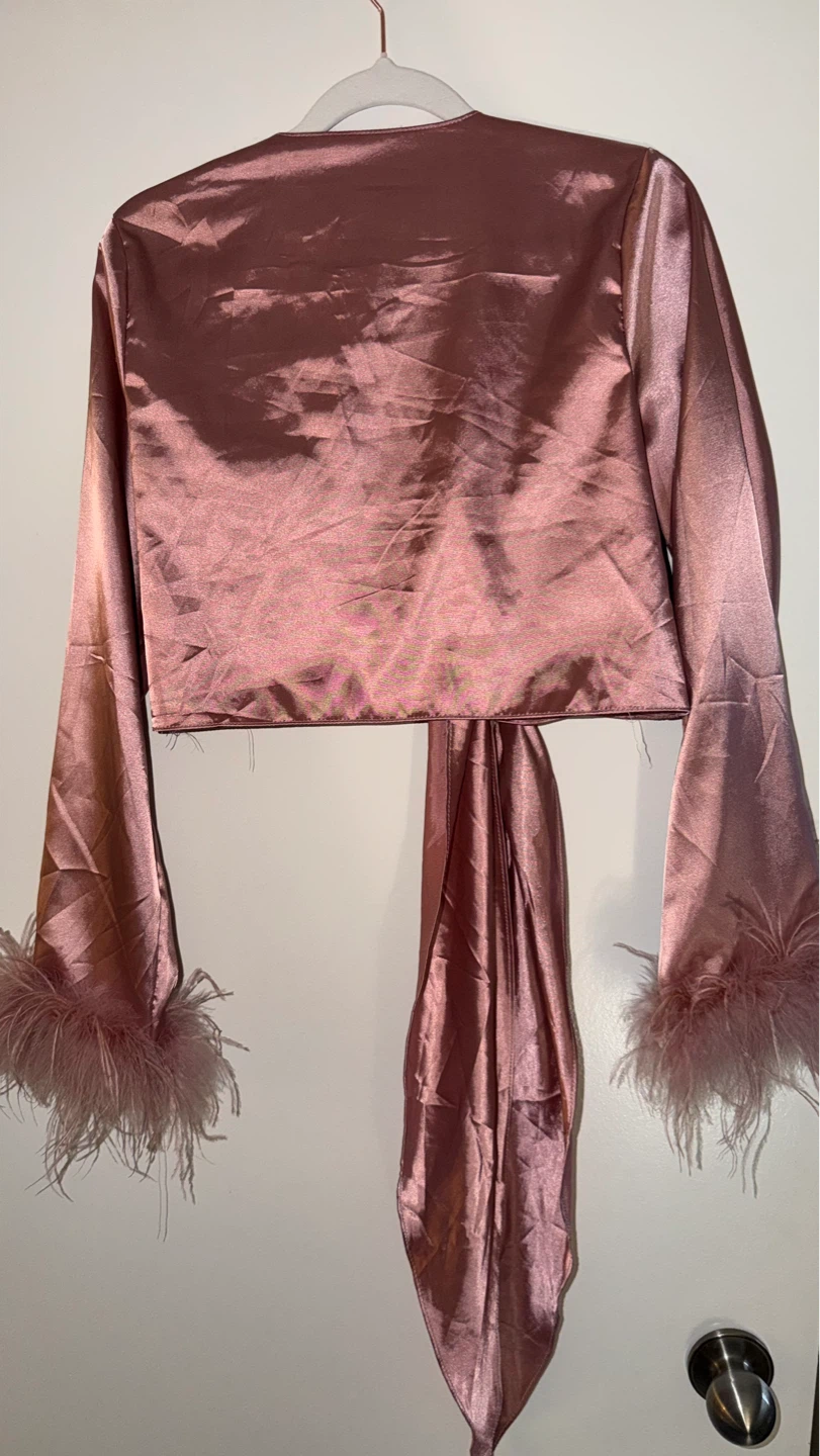 Pink Satin Tie-Front Top with Feather Cuffs - photo 3