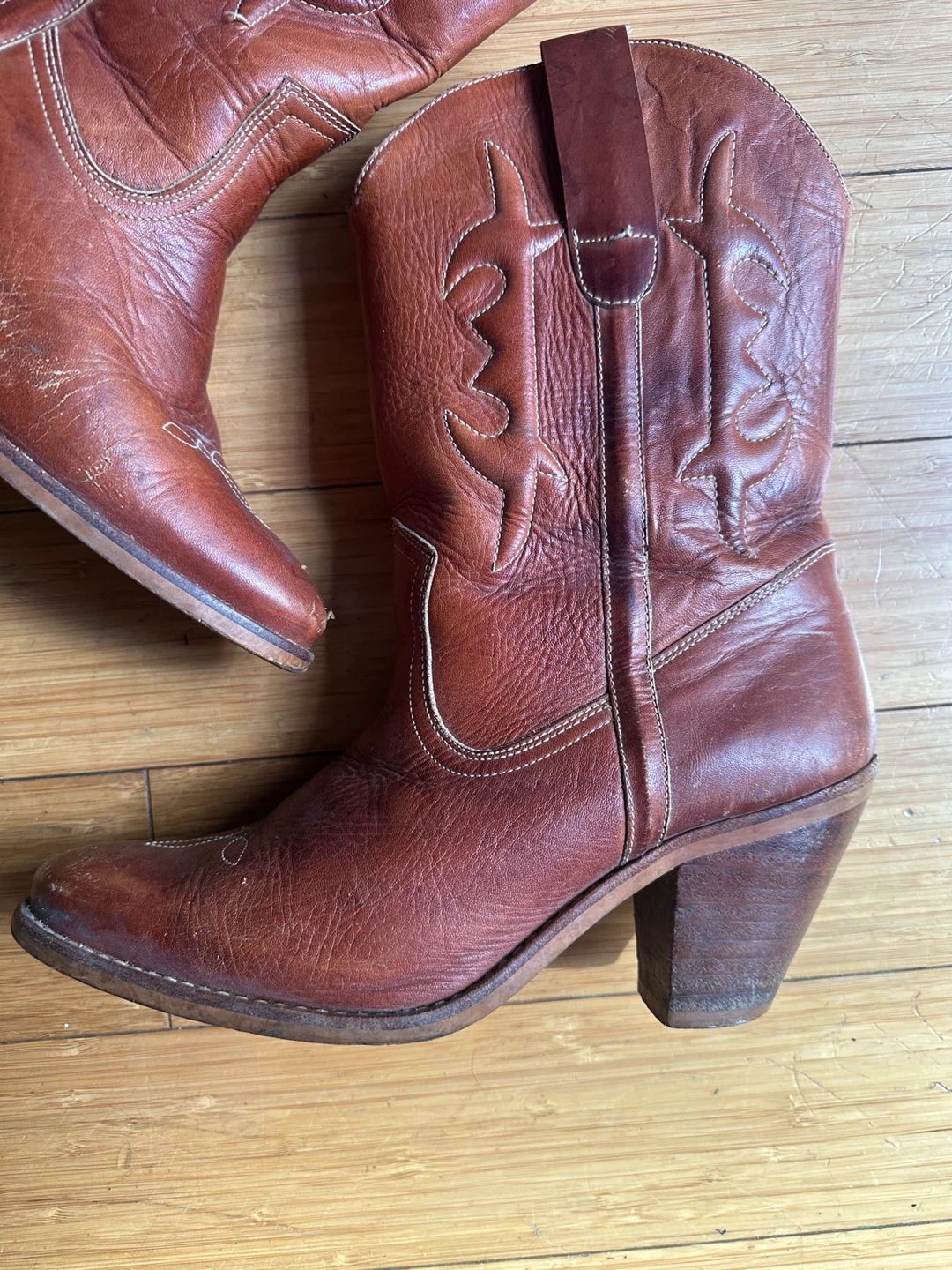 VINTAGE WOMENS SIZE 10 (fits 9) TAN LEATHER COWBOY BOOTS - photo 5