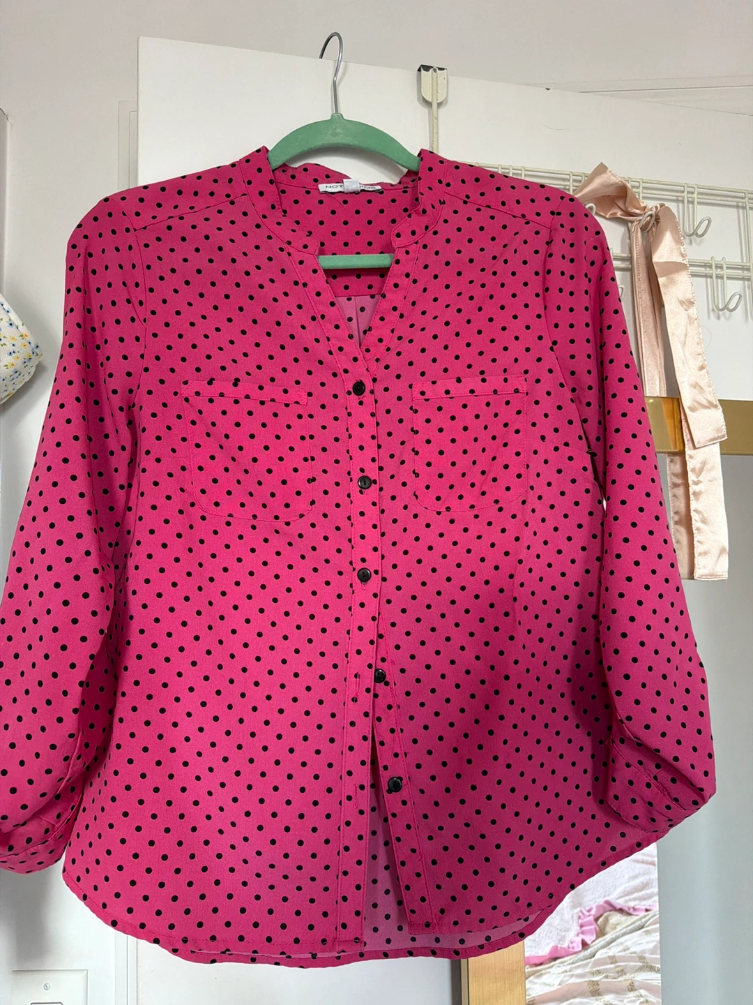Women's Pink Black Polka Dot Blouse Size Medium
