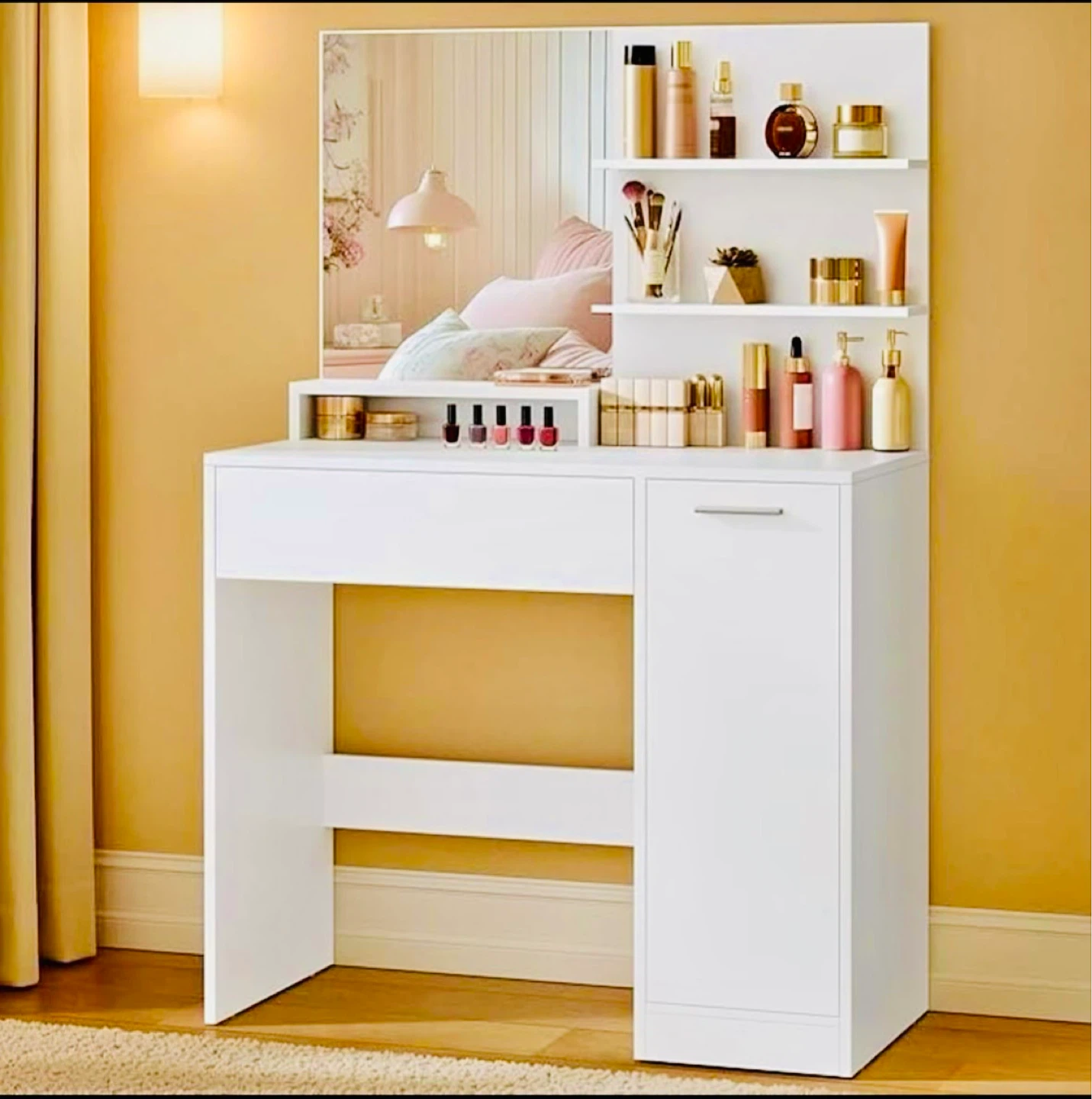 VASAGLE White Vanity Table with Mirror and Storage