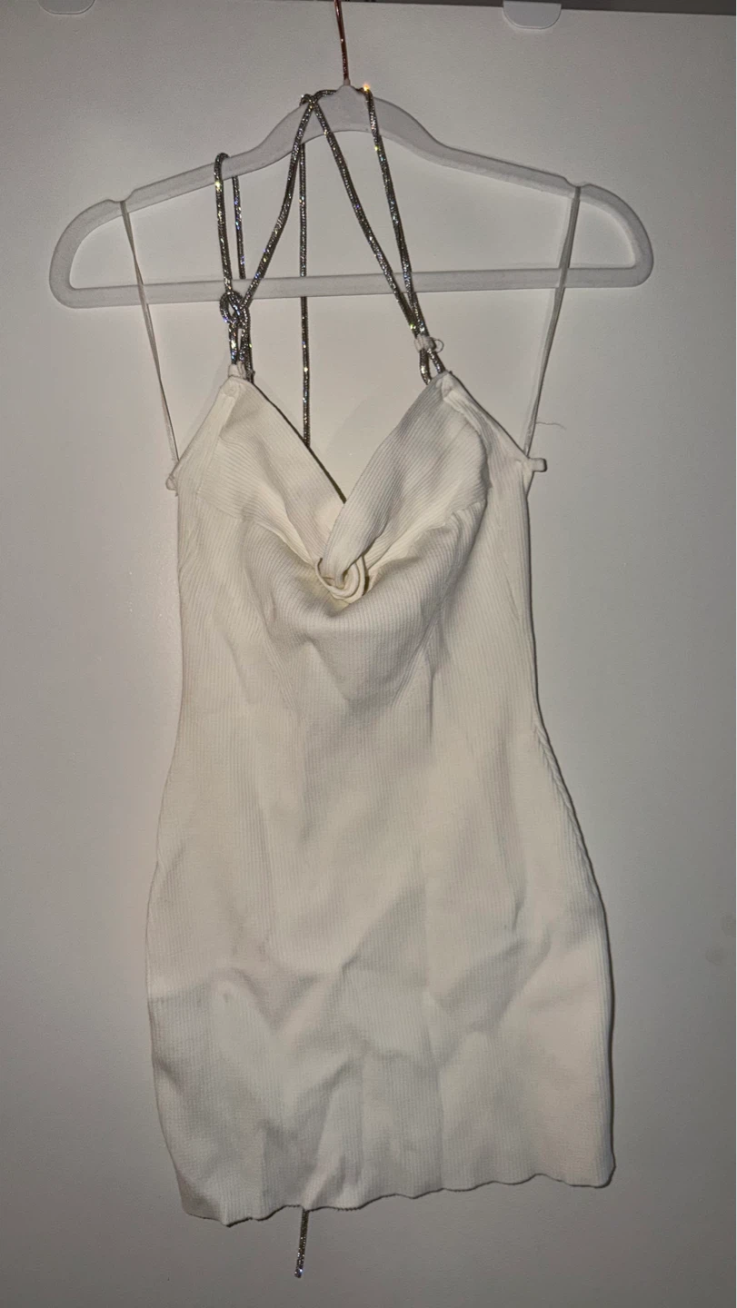 Bershka White Ribbed Mini Dress with Rhinestone Straps - Size M
