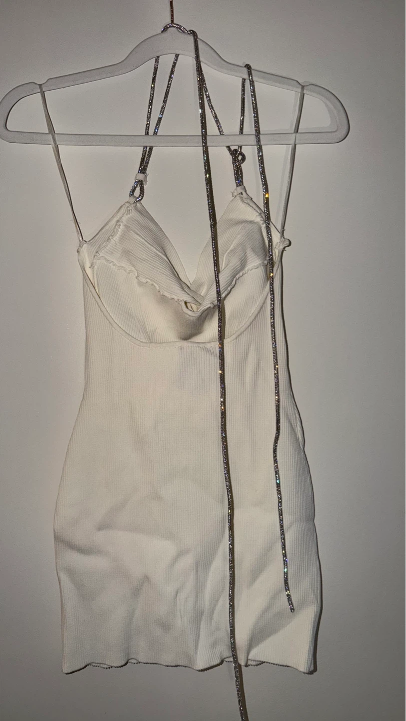 Bershka White Ribbed Mini Dress with Rhinestone Straps - Size M - photo 2