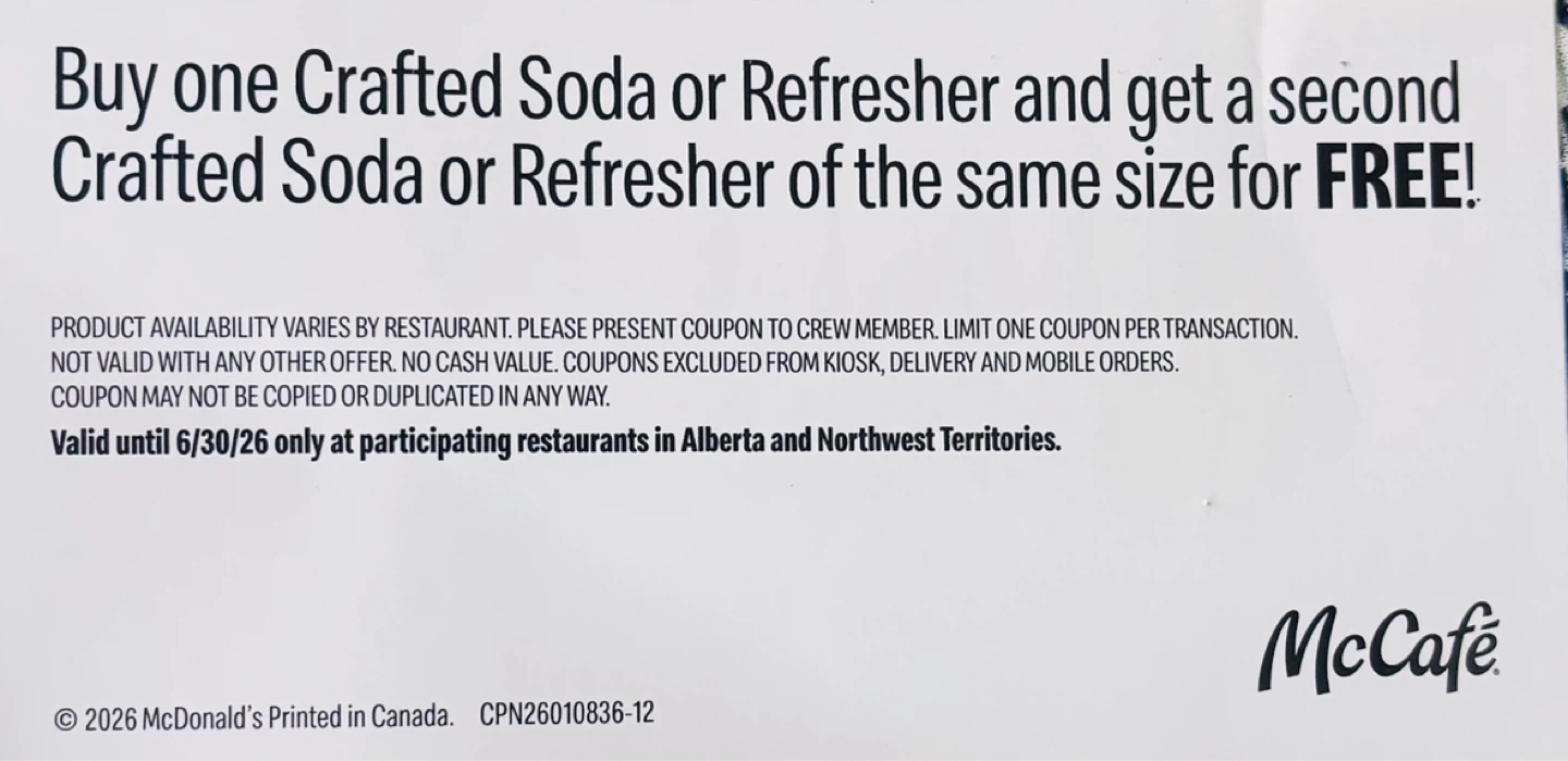McCafé Buy One Get One FREE Crafted Soda or Refresher Coupon - photo 3
