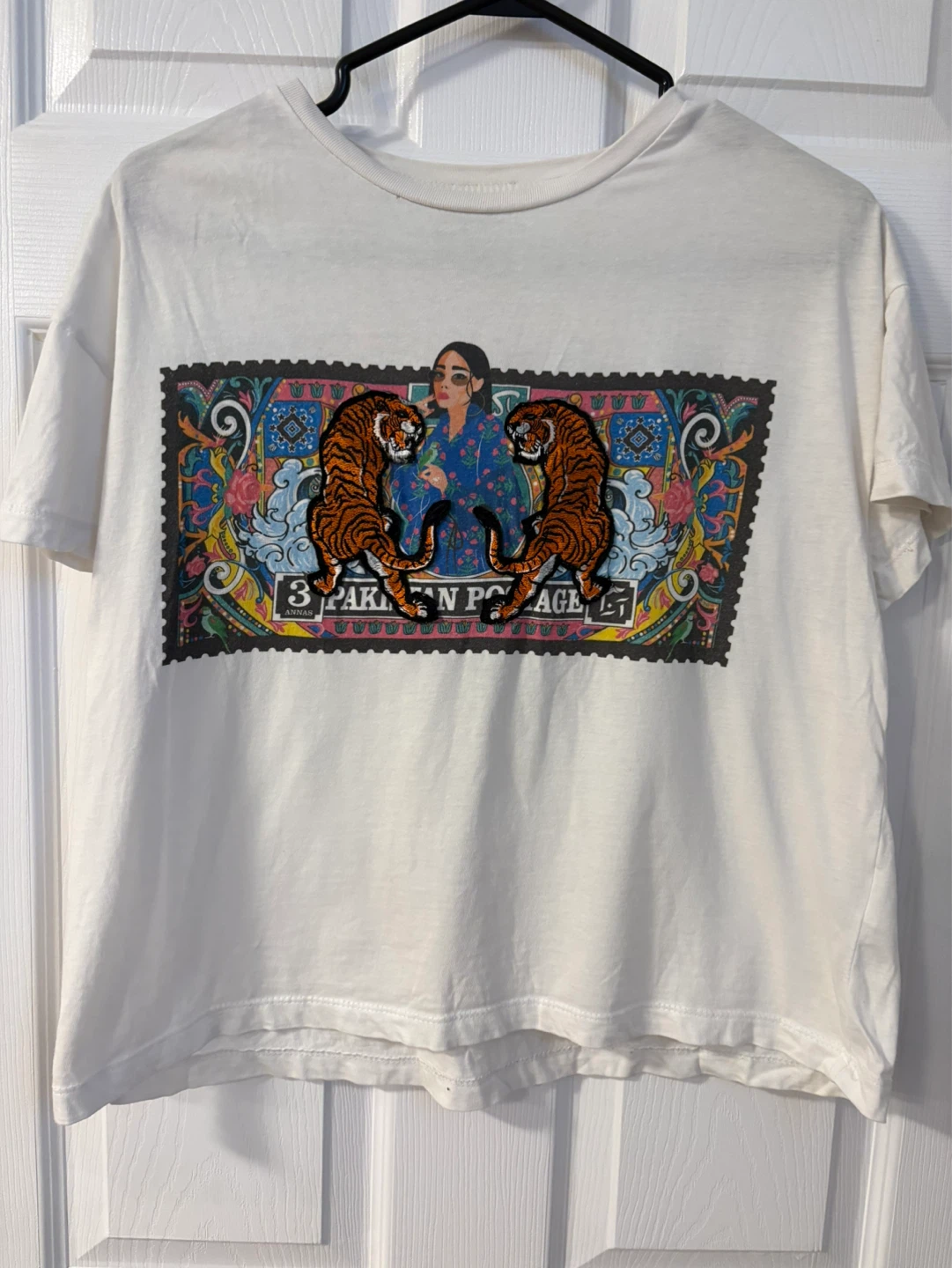White graphic t-shirt "Pakistan Postage" stamp design
