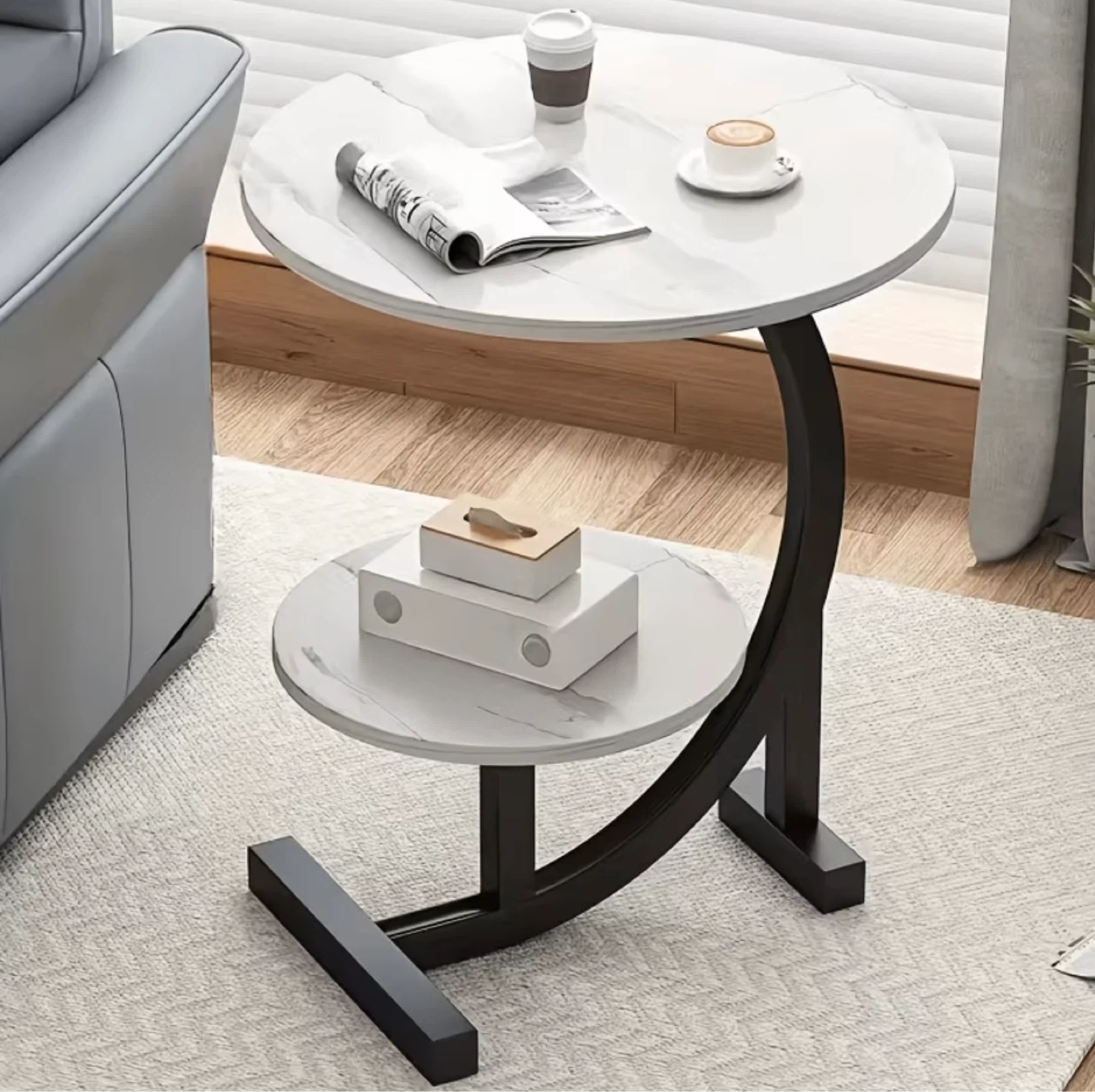 Two-Tier Round Side Table with Marble Finish