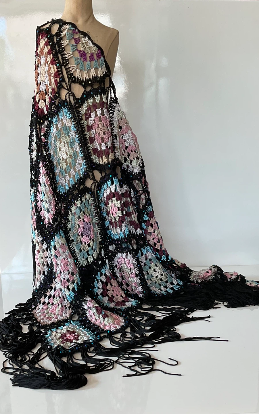 Vintage Colourful Beaded Crochet Style Granny Square Poncho