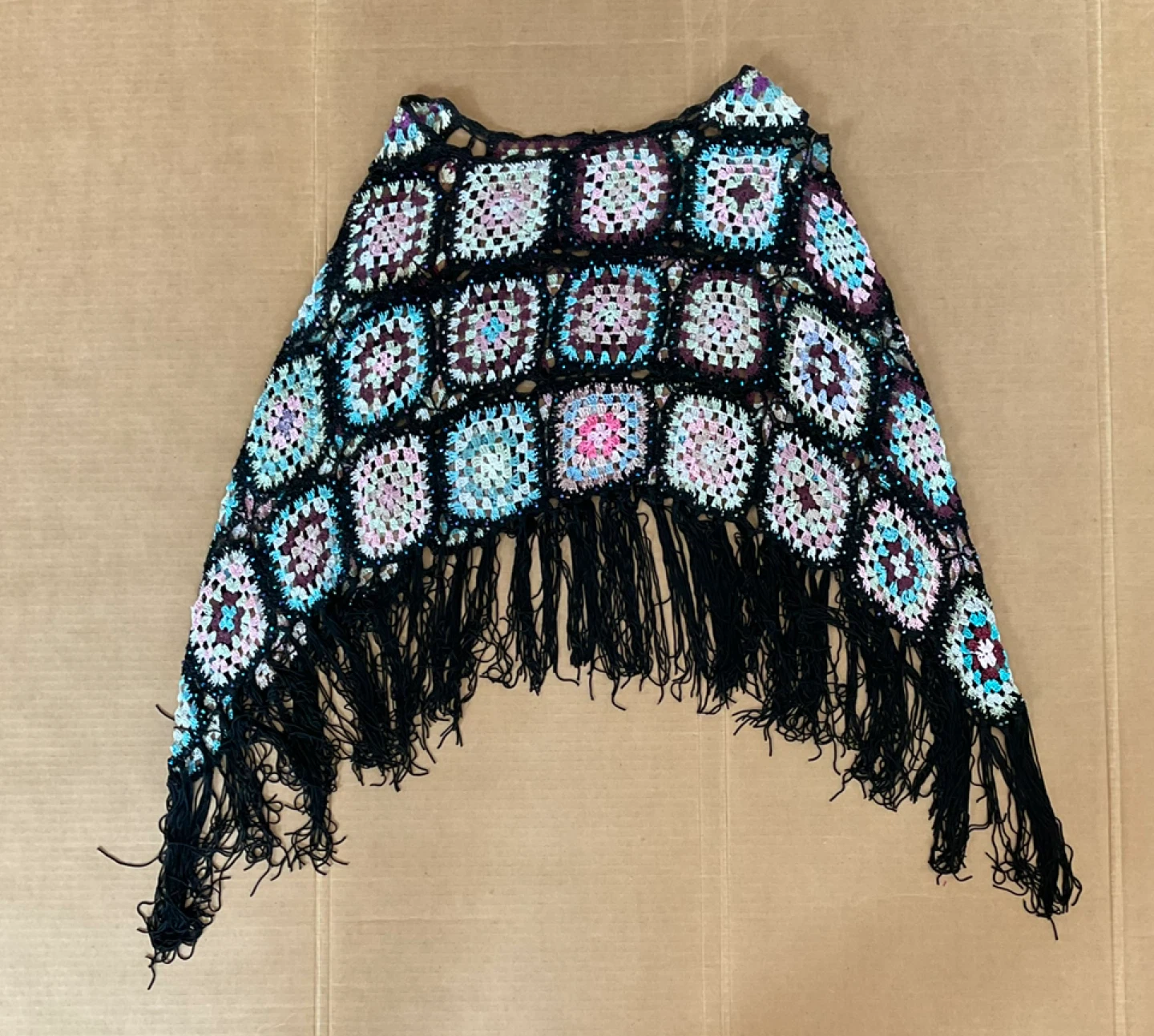 Vintage Colourful Beaded Crochet Style Granny Square Poncho - photo 3