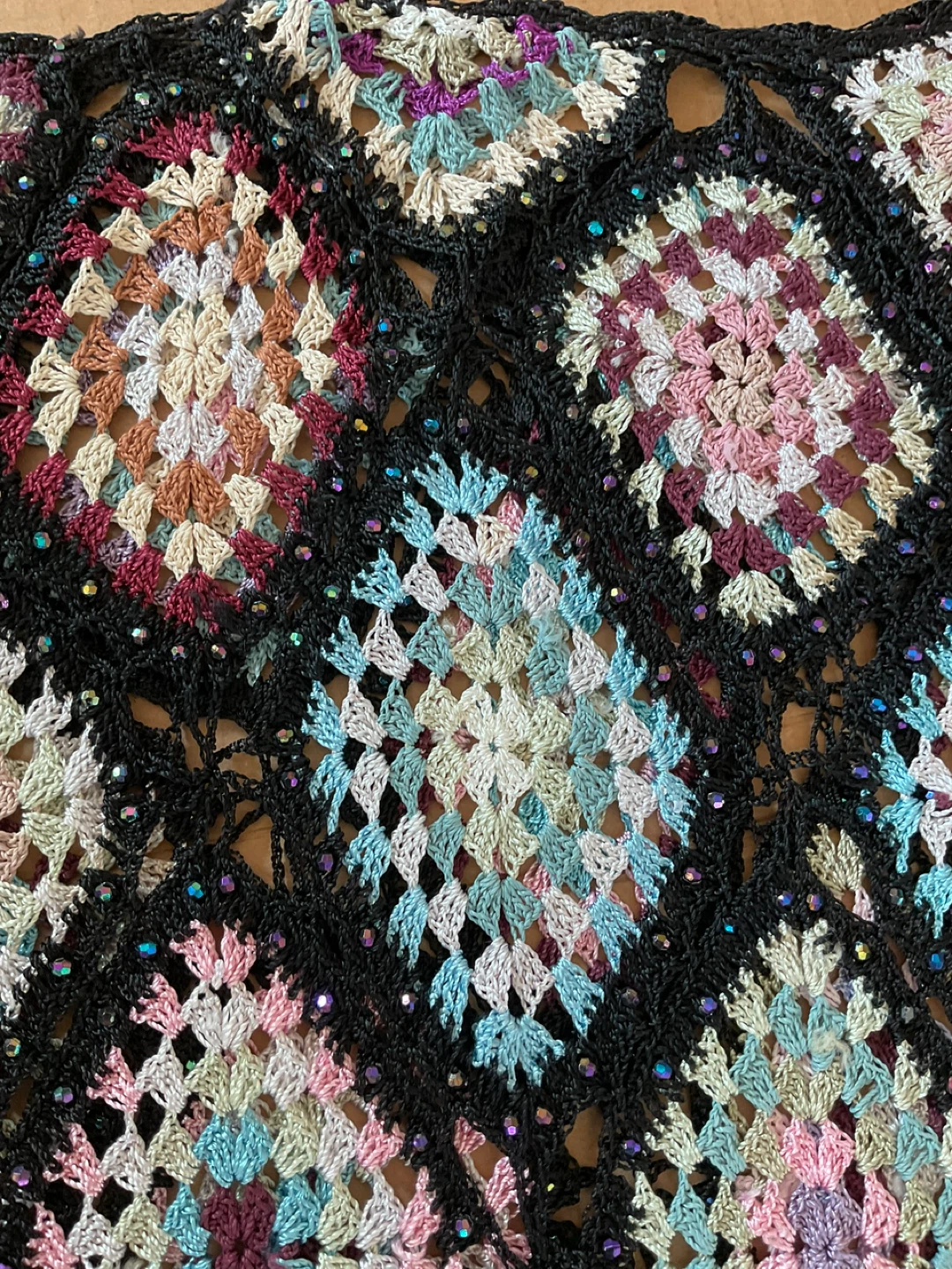 Vintage Colourful Beaded Crochet Style Granny Square Poncho - photo 5