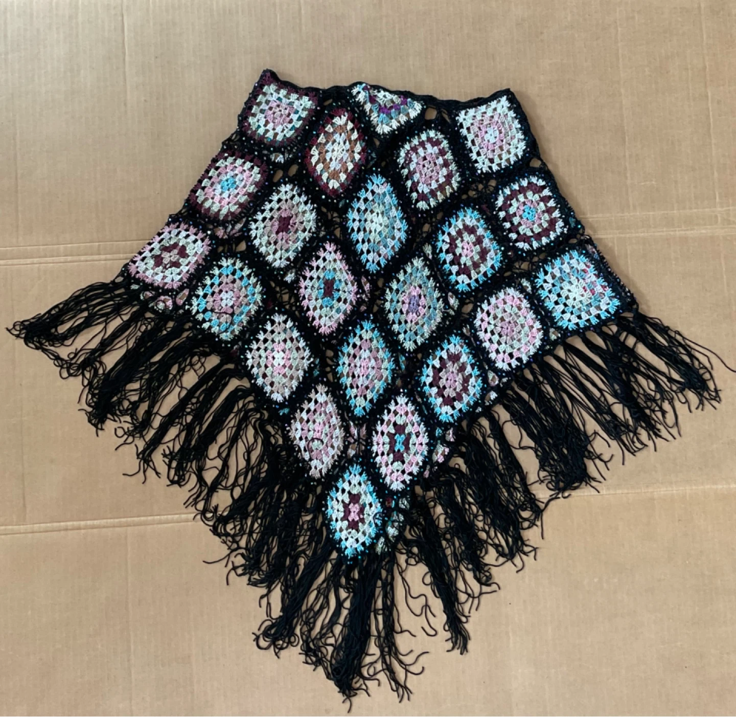 Vintage Colourful Beaded Crochet Style Granny Square Poncho - photo 2
