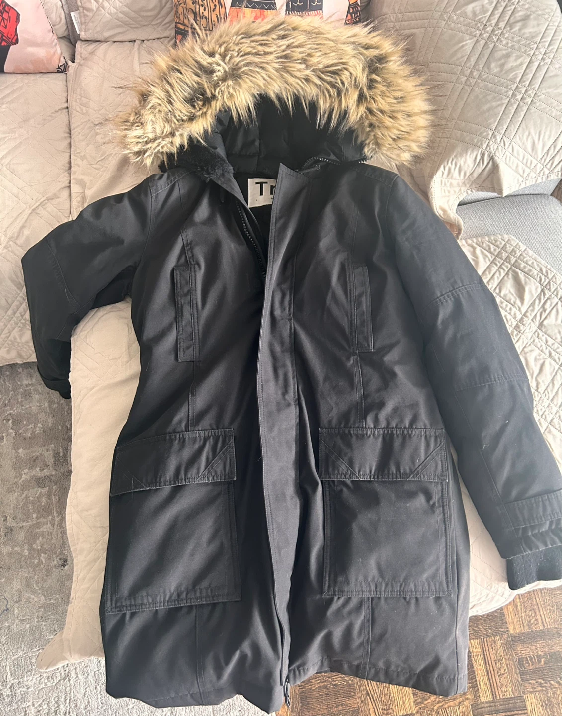 Black Parka Jacket with Fur Trim