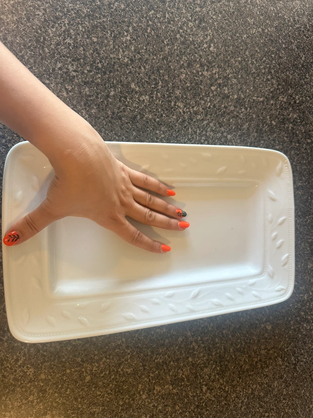 White Rectangular Serving Platter with Leaf Design
