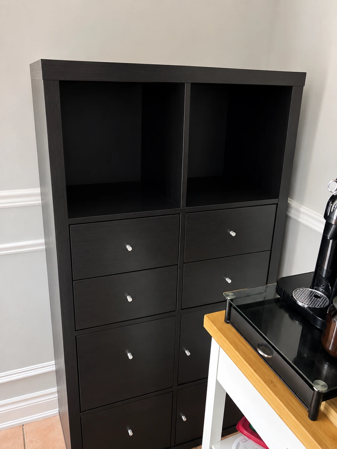 Black Storage Unit with 8 Cubbies and Drawers