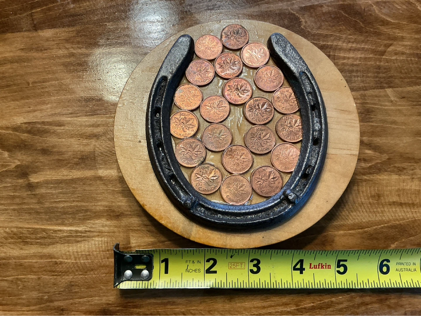 Antique Lucky Horse Shoe with Canadian Pennies on Wood Plaque - photo 2