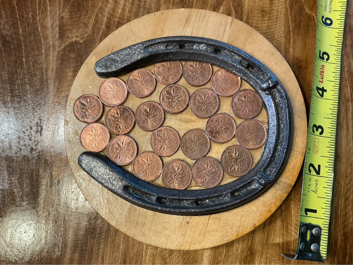 Antique Lucky Horse Shoe with Canadian Pennies on Wood Plaque - photo 3