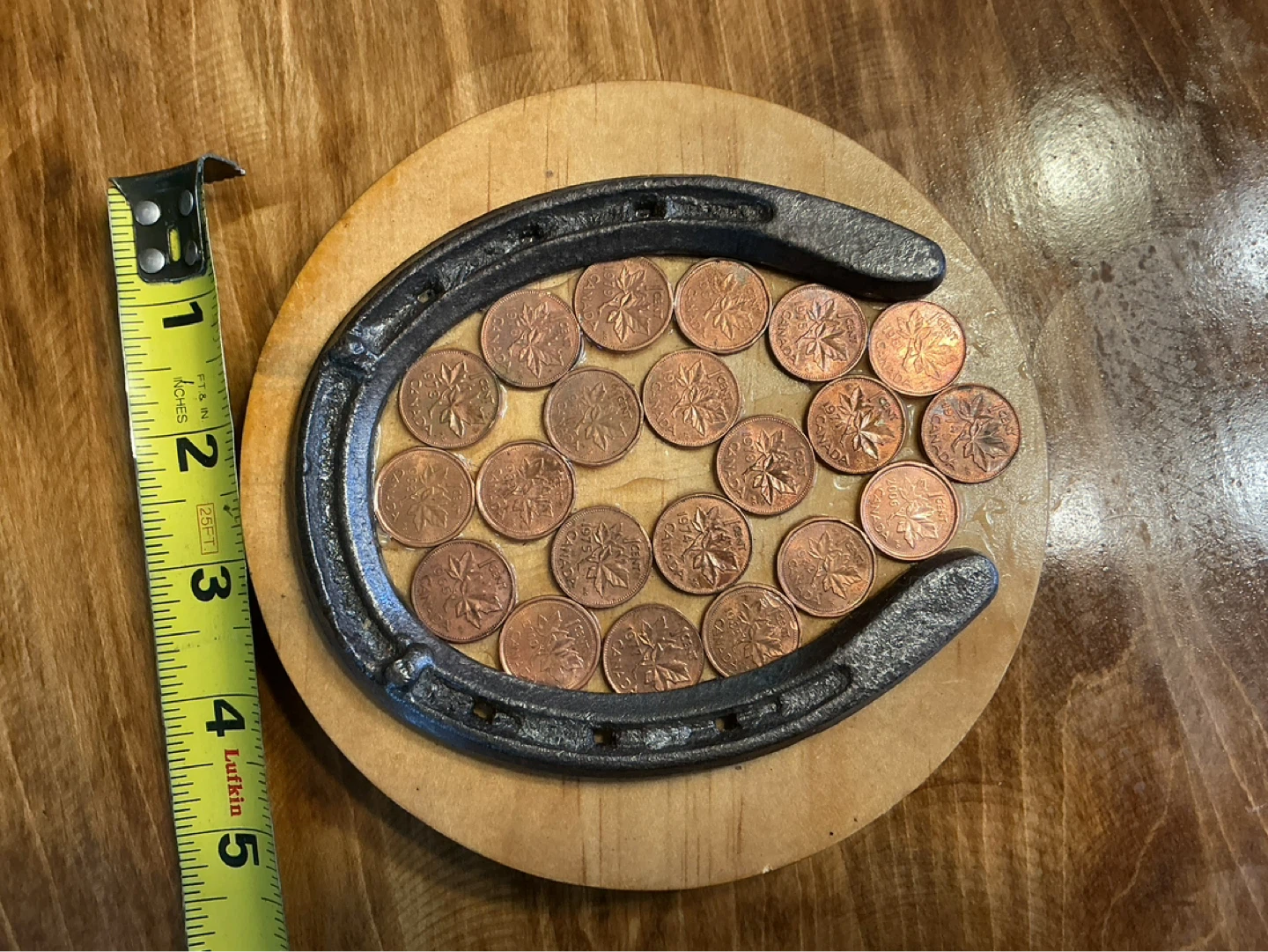 Antique Lucky Horse Shoe with Canadian Pennies on Wood Plaque - photo 5
