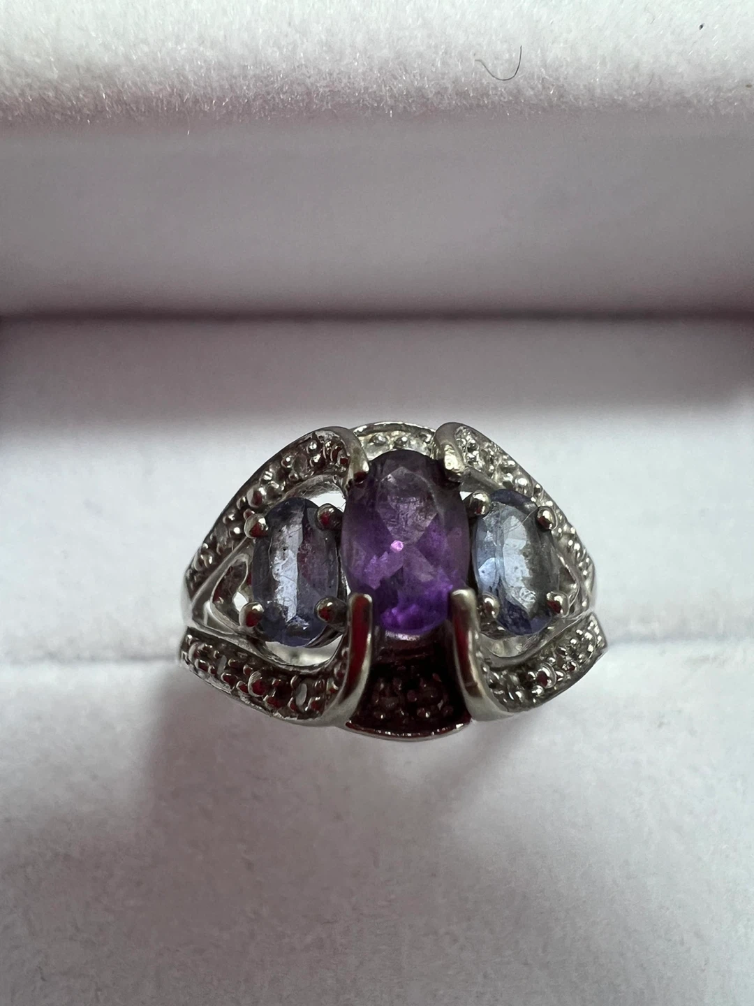 10K White Gold Amethyst, tanzanite and diamonds Ring