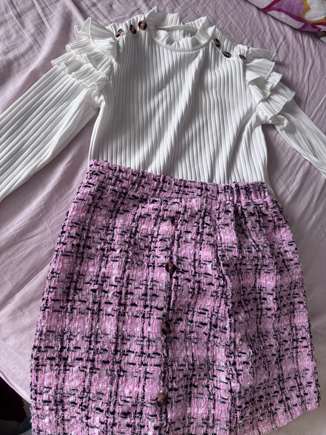 White Ruffled Sleeve Ribbed Top with Pink Tweed Skirt