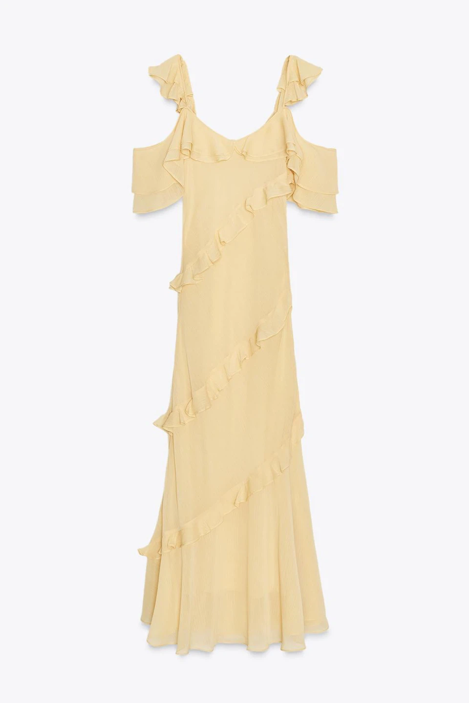 Zara Yellow Ruffle Cold Shoulder Maxi Dress