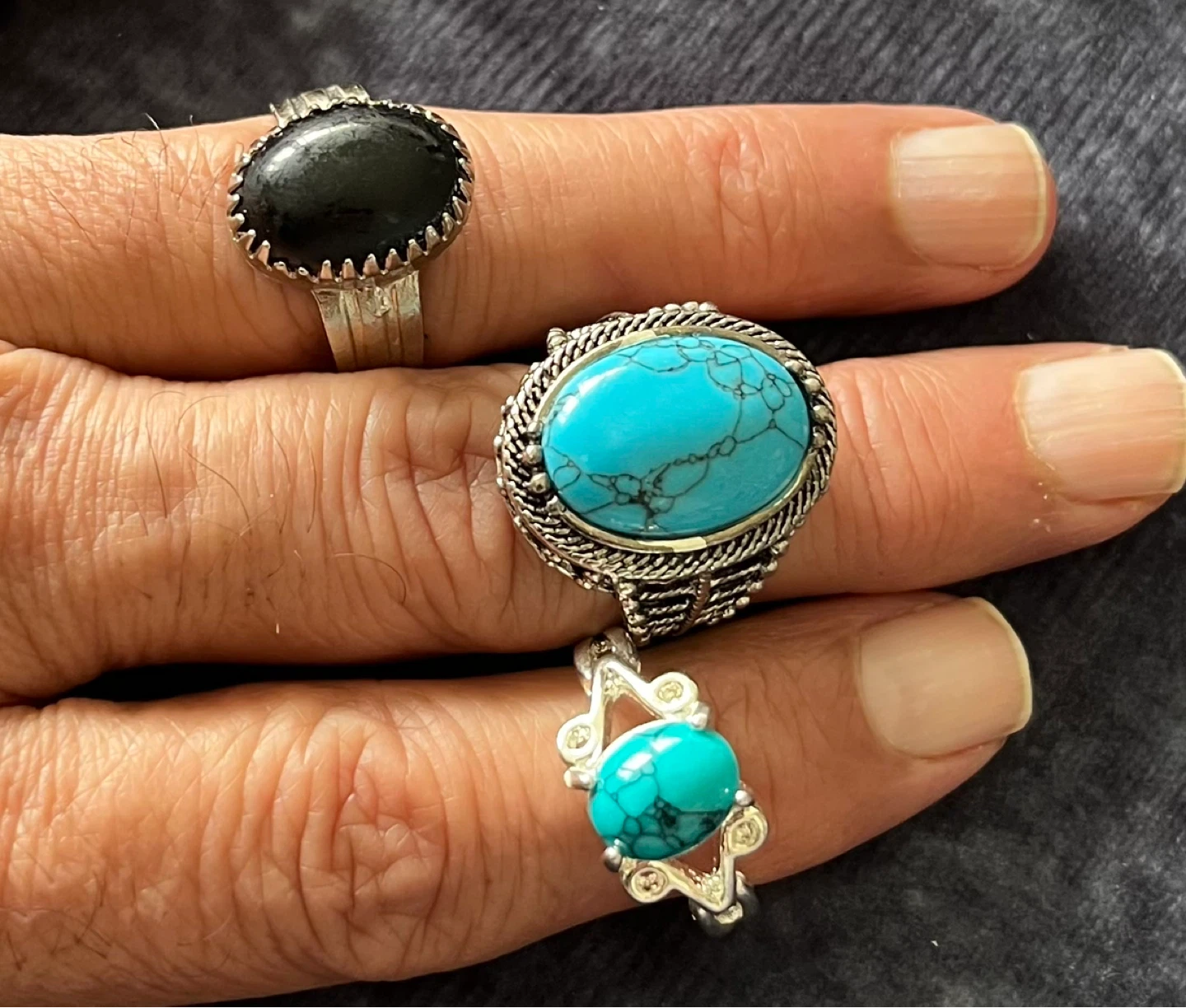 Set of 3 Rings - Turquoise and Black Stones