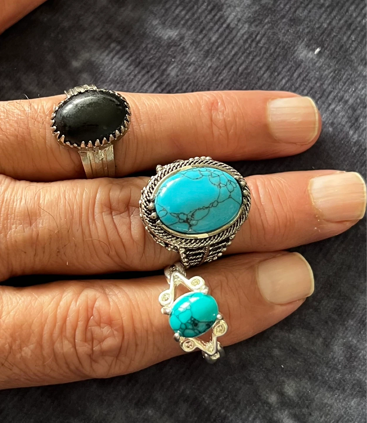 Set of 3 Rings - Turquoise and Black Stones - photo 2