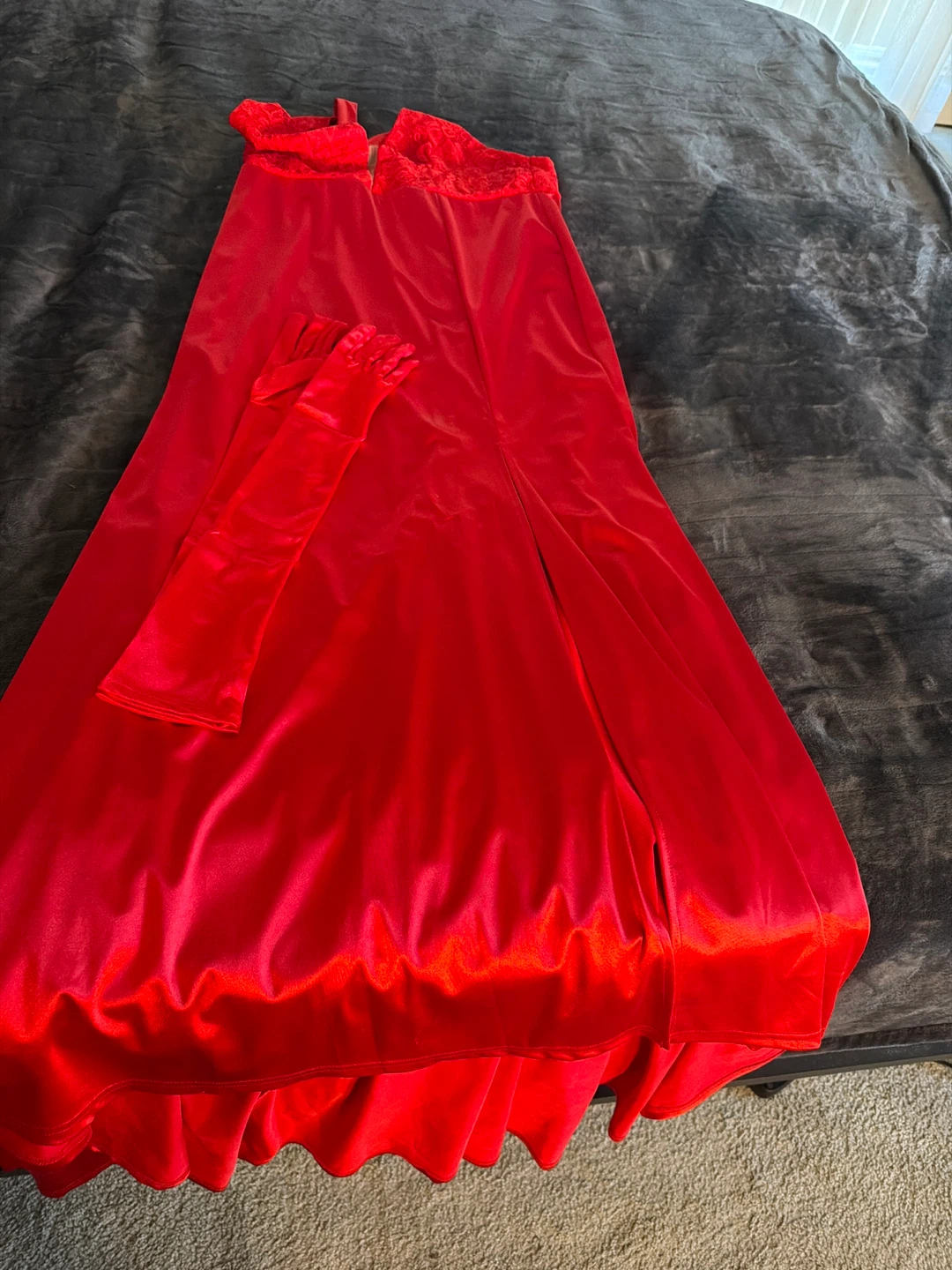 Red Satin ball gown  and Gloves Set