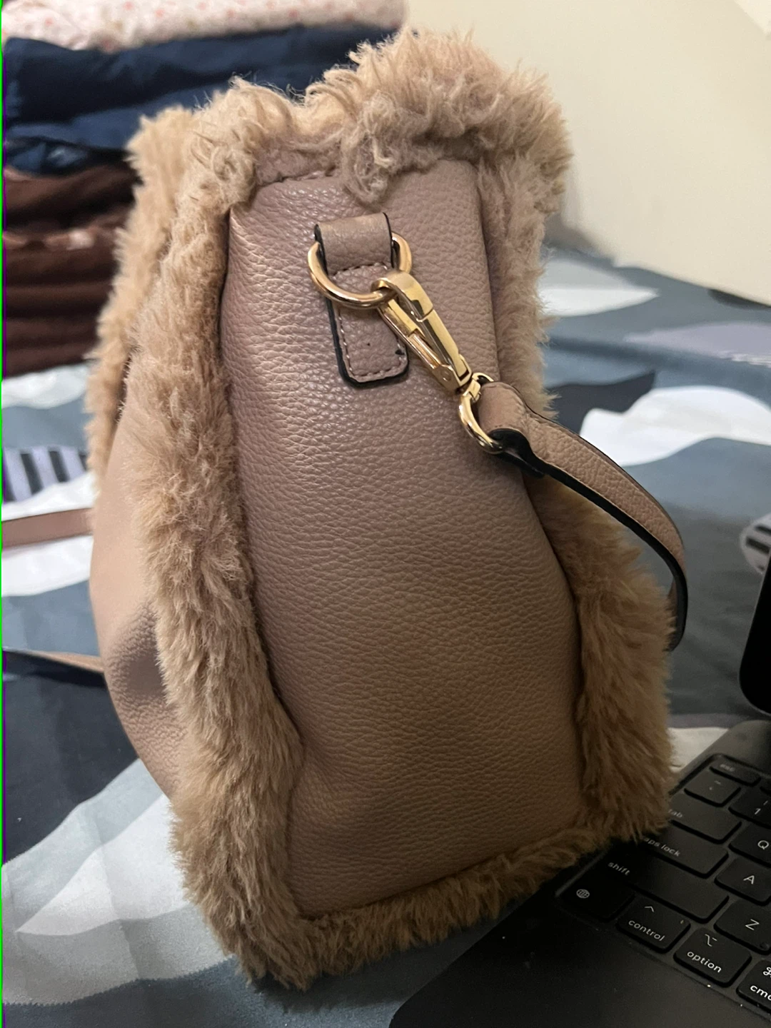 Taupe Faux Fur Trim Satchel Handbag - photo 2