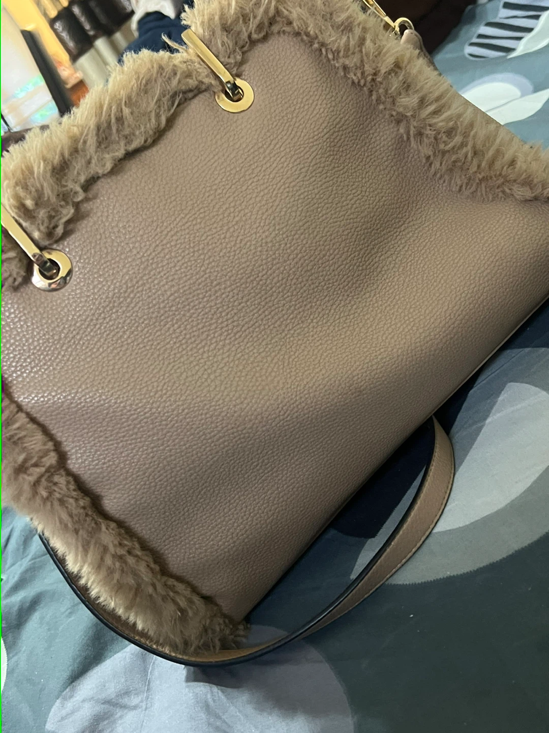 Taupe Faux Fur Trim Satchel Handbag - photo 3