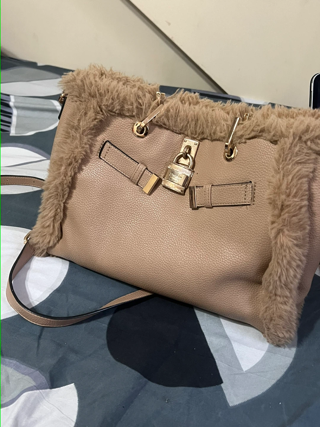Taupe Faux Fur Trim Satchel Handbag