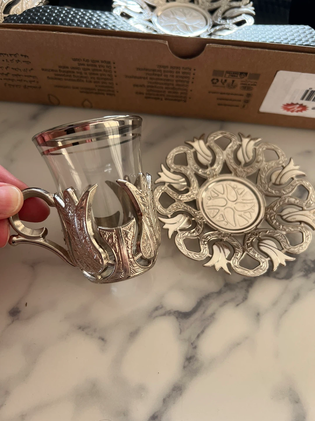 Set of 6 Turkish tea Glasses with Metal Holders and Saucers - photo 3