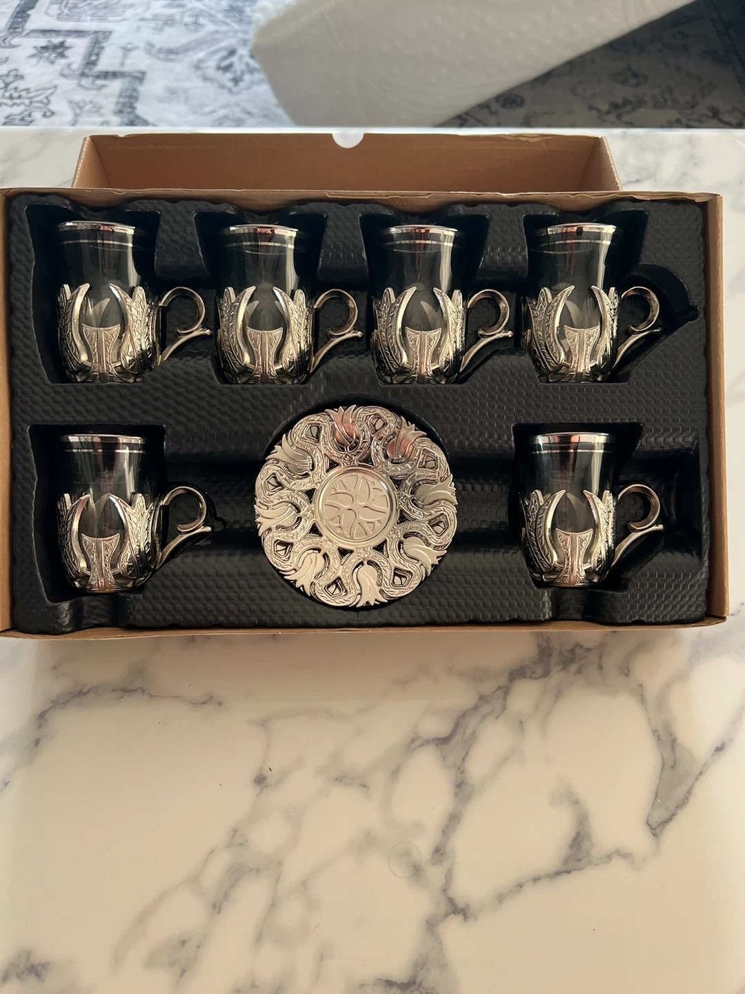 Set of 6 Turkish tea Glasses with Metal Holders and Saucers