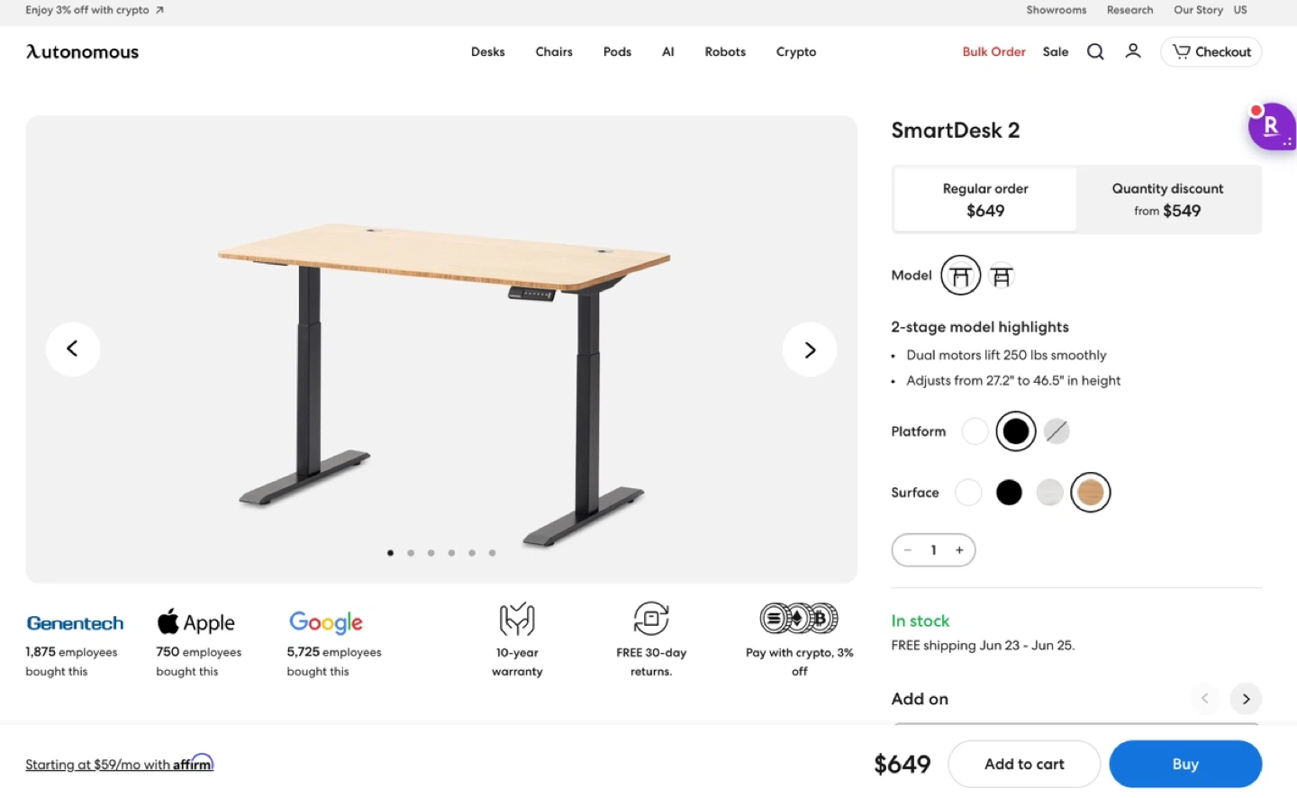 Autonomous SmartDesk 2 Electric Standing Desk