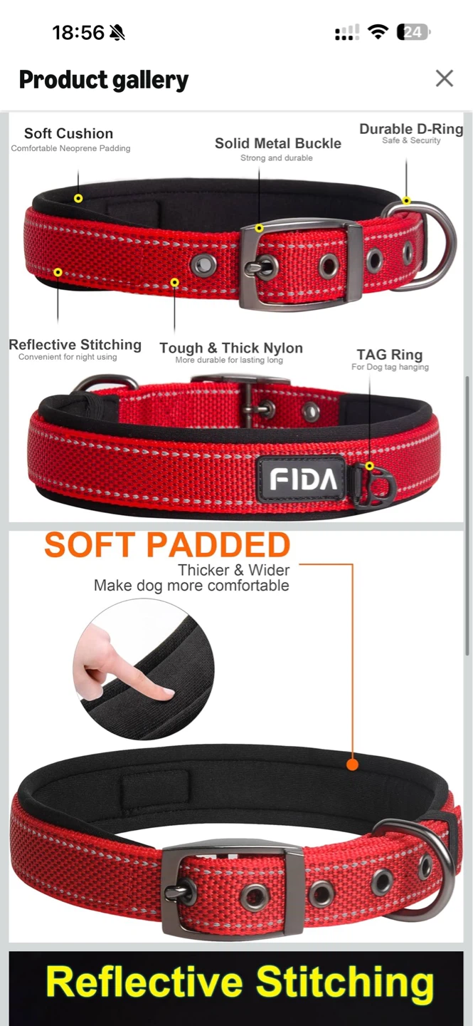 FIDA Red Heavy Duty Dog Collar with Reflective Stitching - photo 2