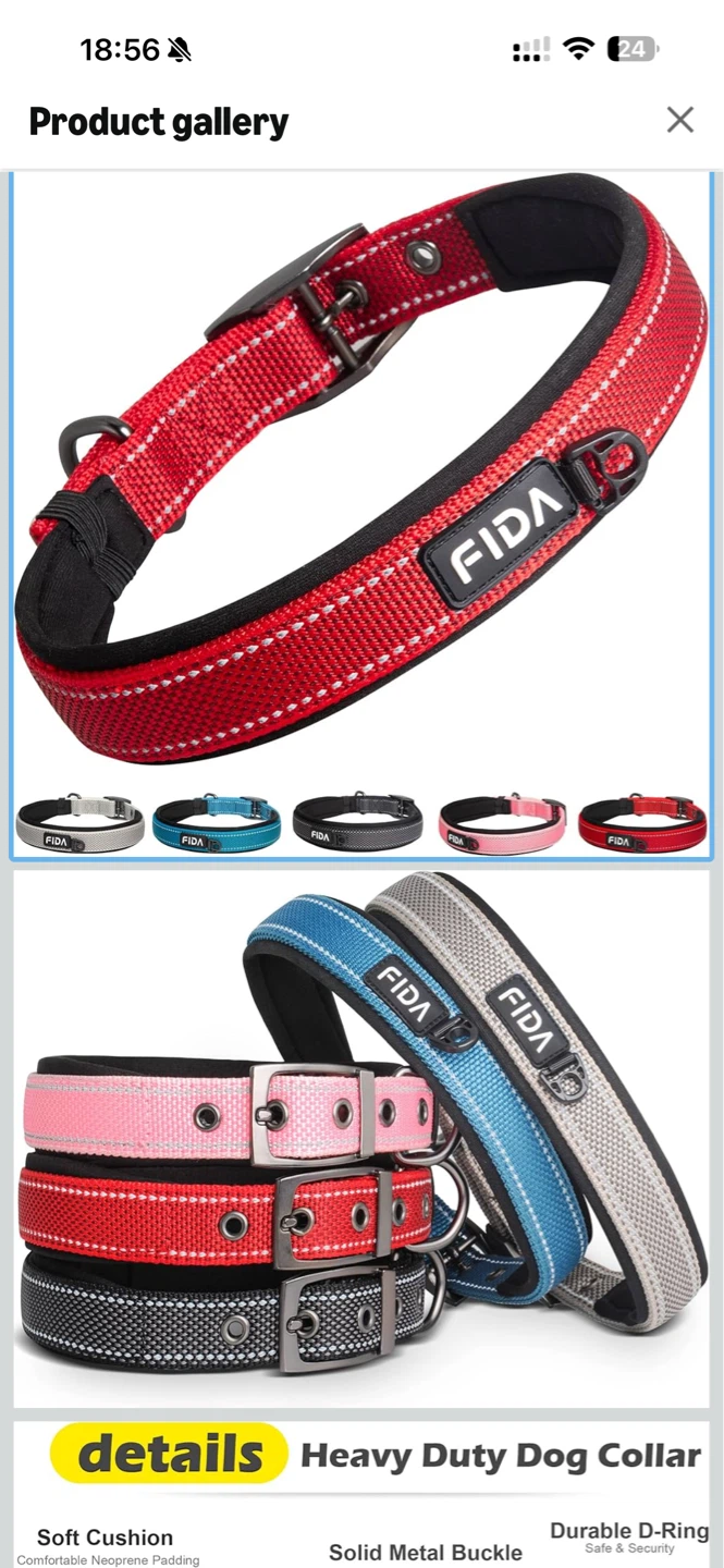 FIDA Red Heavy Duty Dog Collar with Reflective Stitching